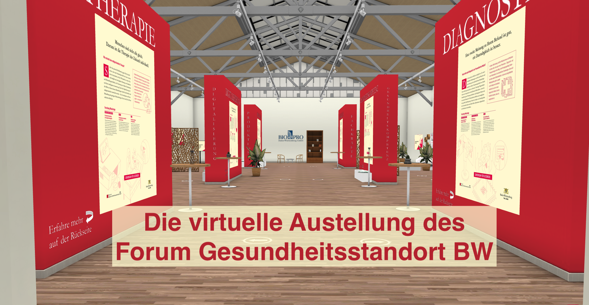 Teaserbild des virtuellen Ausstellungsraumes des Forum Gesundheitsstandort BW mit Link zur Ausstellung